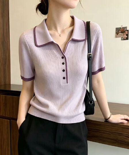 보라색 V넥 반팔 니트 스웨터 여성 여름 빅 사이즈 지방 mm 슬림해 보이는 배색 디자인 센스 POLO 칼라 긍정적 인 어깨 의류