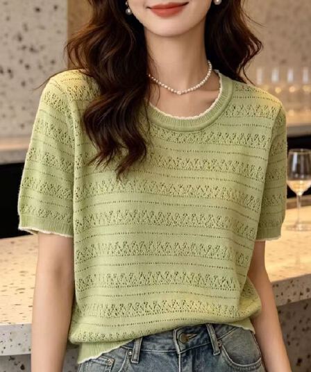 라운드 넥 홀로우 아웃 니트 스웨터 여성 여름 얼음 실크 반팔 티셔츠 루즈핏 인사이드 가져 가라. 외국 가스 맨위 얇은 스타일 니트 티셔츠