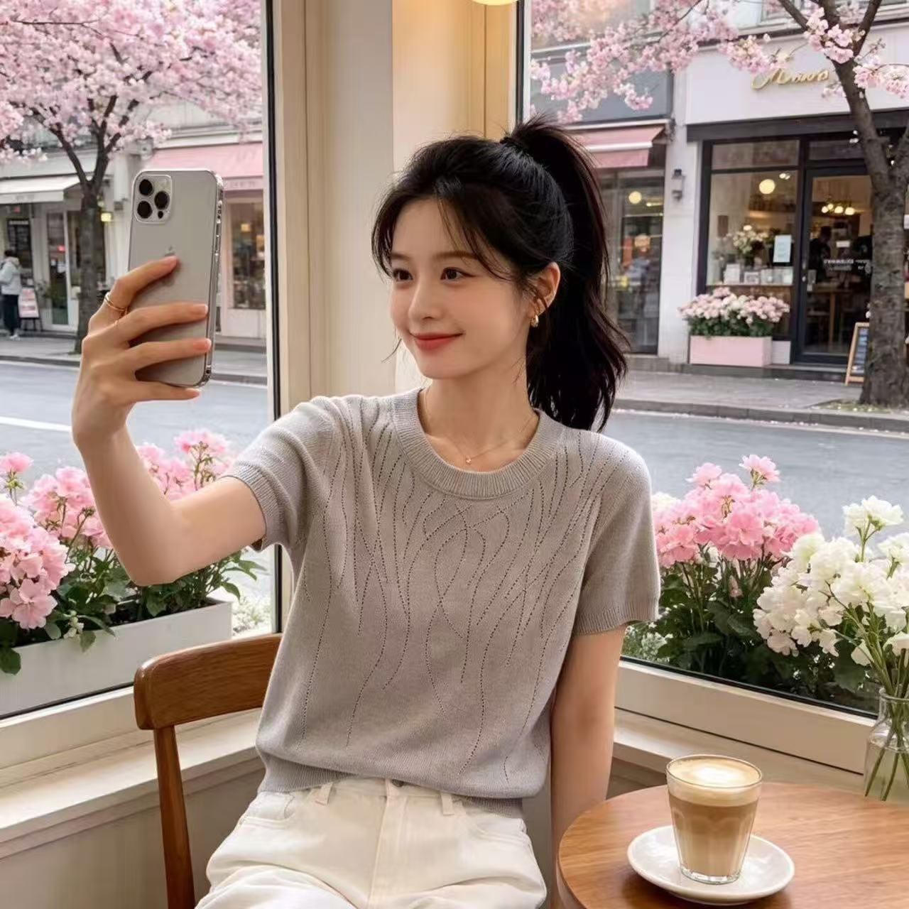 핫픽스 라운드 넥 반팔 니트 스웨터 외국 가스 패션 여성 여름 새로운 품격 다용도 루즈핏 슬림해 보이는 얇은 스타일 맨위