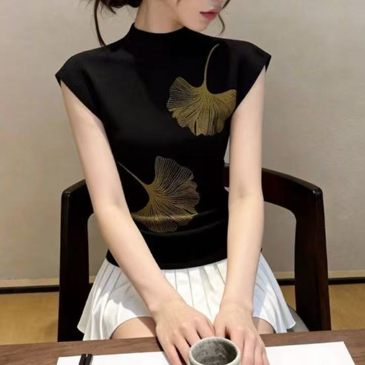 검정색 니트 반팔 티셔츠 여성 여름 인사이드 가져 가라. 프린트 다용도 어깨 동정 올해 인기 아름다운 ~ 중 맨위