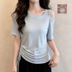 批发慵懒蓝色露肩抽绳短袖T恤女夏季新款微胖大码宽松显瘦设计感上衣