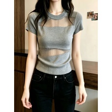 批发灰色网纱镂空冰丝薄款针织衫女款2026新款夏季设计感针织短袖上衣