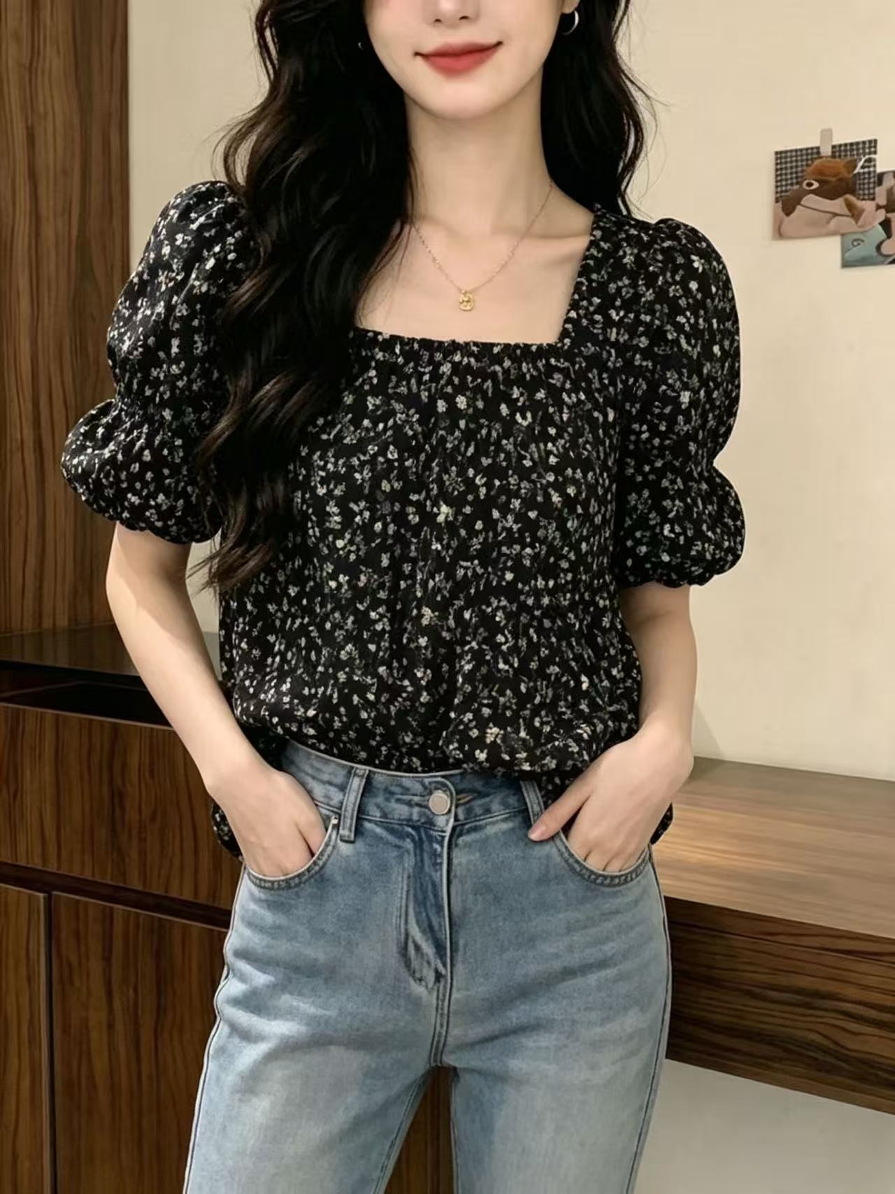 거품 소매 광장 칼라 꽃무늬 쉬폰 여성 셔츠 여름 디자인 센스 작은 대중 맨위 고급 센스 슬림해 보이는 품격 셔츠