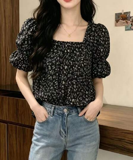 거품 소매 광장 칼라 꽃무늬 쉬폰 여성 셔츠 여름 디자인 센스 작은 대중 맨위 고급 센스 슬림해 보이는 품격 셔츠