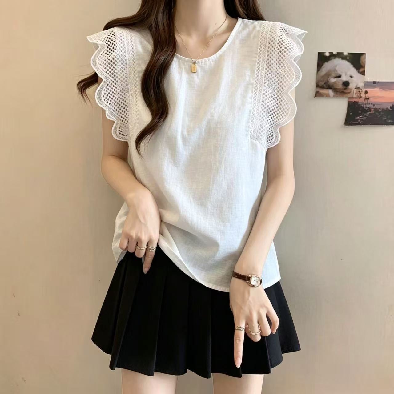레이스 작은 날다 소매 여성 셔츠 고급 센스 빛 럭셔리 연령 감소 외국 가스 2026 자이언트 잘 생긴 ~ 중 작은 셔츠 라미 맨위 여성