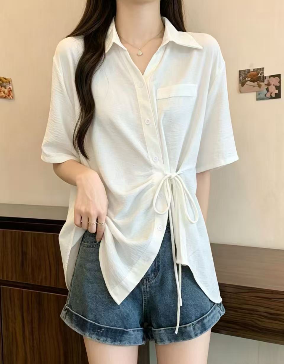 빅 사이즈 여성 의류 표지 배 긍정적 인 어깨 POLO 칼라 기본 셔츠 여성 여름 통통한 여동생 루즈핏 슬림해 보이는 불규칙 맨위