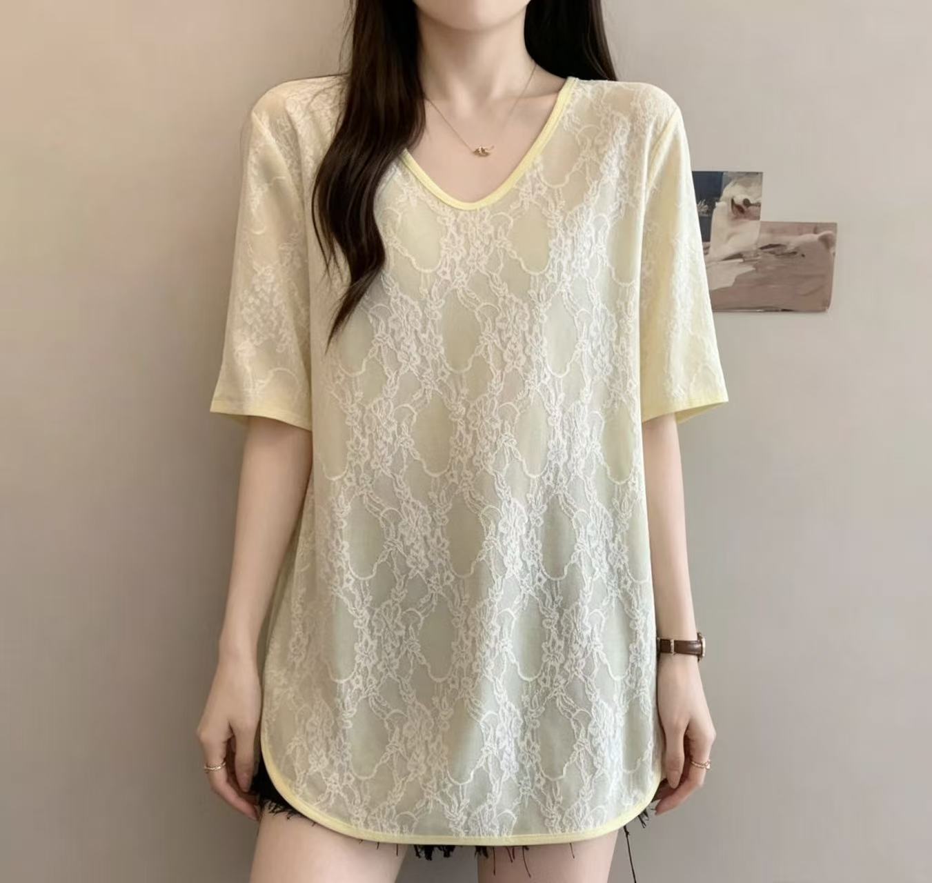 빅 사이즈 여성 의류 표지 배 느긋한 바람 반팔 V넥 기본 셔츠 여성 여름 통통한 여동생 외국 가스 루즈핏 티셔츠 맨위