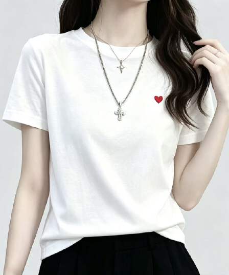 한 부서 자수 하트 미니멀리즘 캐주얼 바람 라운드 넥 반팔 티셔츠 여성 다용도 외국 가스 디자인 센스 슬림해 보이는 맨위 면
