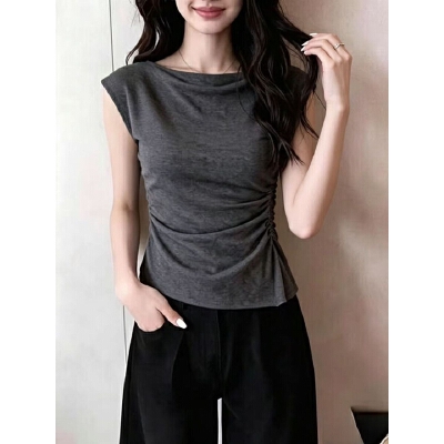 디자인 센스 불규칙 회색 반팔 티셔츠 여성 2026 새로운 여름 그레이트 보지 마 명중 섹션 작은 날다 소매 맨위