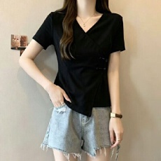 批发新中式国风盘扣V领正肩短袖T恤女夏季大码胖mm收腰<b class='q'>小衫</b>不规则上衣