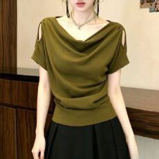 批发设计感荡领短袖t恤女夏2026新款大码胖MM独特漂亮巨好看露肩上衣