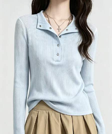 파란색 헨리 칼라 긴팔 티셔츠 여성 조기 가을 디자인 센스 몸매 가꾸기 슬림해 보이는 부드러운 순수한 욕망 외출용 만나는 맨위
