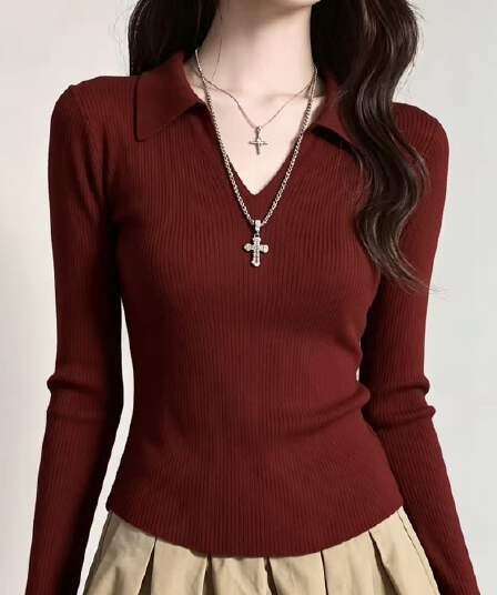 POLO 칼라 니트 스웨터 여성 2026 가을 새로운 얇은 스타일 인사이드 가져 가라. 스웨터 몸매 가꾸기 가을 겨울 V넥 맨위 기본 셔츠