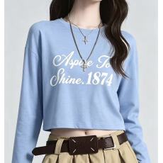批发蓝色长袖t恤女秋季2026新款今年流行的小众设计感别致时髦小上衣