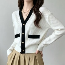 批发小香风外套女2026春秋季新款高级感V领针织短款外搭复古开衫毛衣