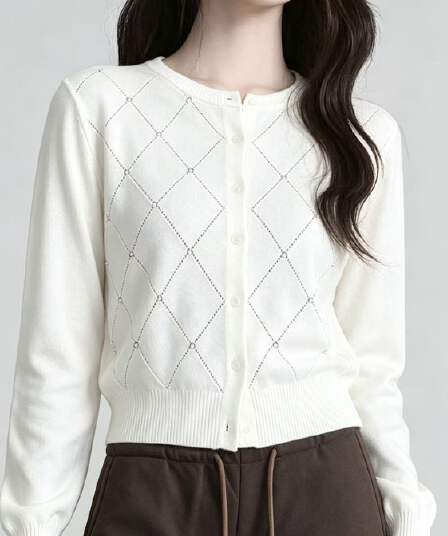 2026 조기 가을 새로운 비즈 박기 링 체크무늬 니트 오픈 가디건 여성 라운드 넥 단추 다용도 디자인 센스 얇은 스타일 재킷