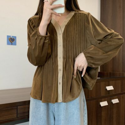 V넥 여성 셔츠 봄 드레스 빅 사이즈 통통한 여동생 슬림해 보이는 디자인 센스 만나는 오픈 가디건 맨위