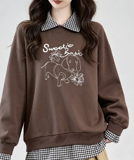 디자인 센스 작은 대중 긴팔 POLO 칼라 페이크 레이어드 패치워크 후드티 여성 루즈핏 빅 사이즈 느긋한 바람 알파벳 맨위 트렌디
