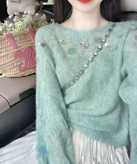 한 부서 분위기 센스 착용 가져 가라. 박하 녹색 맨위 여성 이른 봄 조개 스팽글 디자인 센스 홀로우 아웃 니트 블라우스 스웨터
