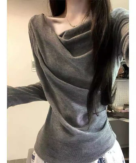 아메리칸 레트로 회색 순수한 욕망 긴팔 티셔츠 가을 겨울철 단색 미니멀리즘 몸 여가 기본 셔츠 디자인 풀오버 맨위