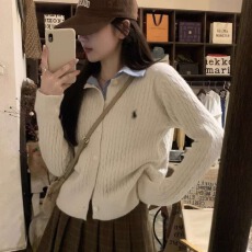 批发早秋冬单排扣麻花针织开衫女韩系miu系穿搭刺绣上衣灰色毛衣外套