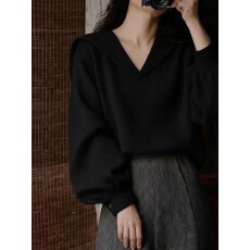 批发高级感复古绿色v领针织衫女秋冬老钱风内搭毛衣慵懒风海军领上衣