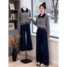批发大码灰色高级感翻领针织开衫女秋季胖MM显瘦韩版宽松休闲毛衣