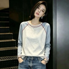 批发小众设计感拼色插肩袖长袖T恤女秋大码胖MM宽松减龄打底好看上衣
