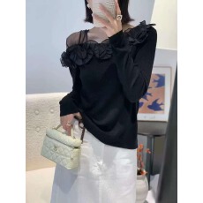批发巨好看网纱拼接长袖斜肩针织衫女修身2026早秋季时尚气质显瘦上衣