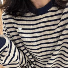 批发美式复古条纹毛衣圆领针织衫无帽卫衣女2026秋冬新款宽松慵懒上衣