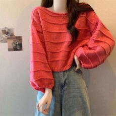 批发玫红色灯笼袖针织打底衫女早秋2026新款短款宽松毛衣穿搭春秋上衣