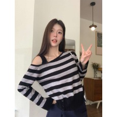 批发法式不规则撞色条纹斜肩针织衫女秋冬韩系穿搭修身露肩针织衫上衣