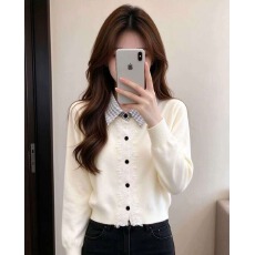 批发韩版蕾丝花边拼接polo领上衣女秋季洋气减龄学院风假两件针织开衫