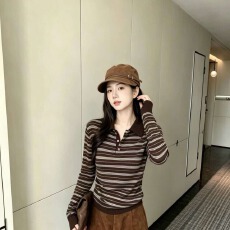 批发法式撞色条纹polo领长袖上衣女秋季新款洋气高级感百搭休闲上衣