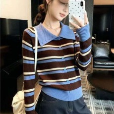 批发韩系chic撞色条纹翻领长袖针织衫女2026秋季新款巨好看的开衫上衣