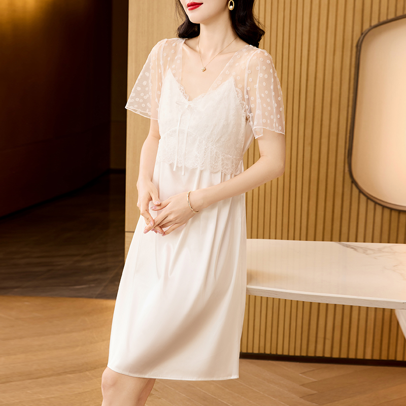 RY70112# 实拍2026新款夏甜美V领蕾丝刺绣网纱飞飞袖带胸垫短袖冰丝睡裙女