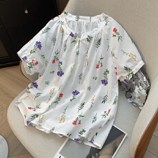 批发实拍 夏季新款印花短袖衬衫女套头宽松上衣