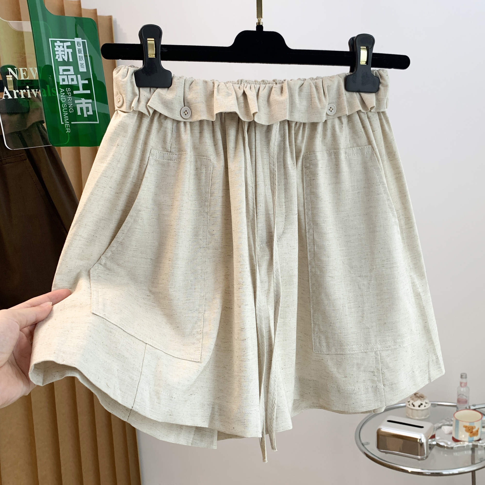실사 레이스 허리 머리 아마 반바지 여성 여름 새로운 루즈핏 슬림해 보이는 다용도 넓은 다리 캐주얼 바지
