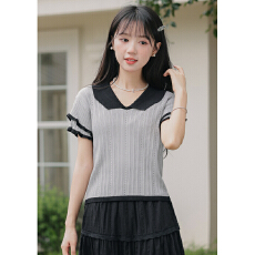 批发不低于99【实拍】夏日娃娃领小众设计感针织短袖上衣女