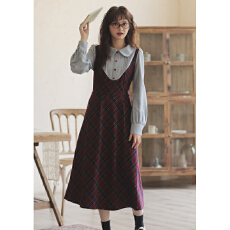 批发不低于115【实拍】2025秋冬复古格纹收腰显瘦假两件<b class='q'>连衣裙</b>