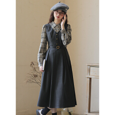 批发不低于120【实拍】秋冬复古小香风收腰显瘦格子拼接假两件<b class='q'>连衣裙</b>