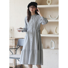 批发不低于108【实拍】日系学院风立领收腰抽绳宽松格子<b class='q'>连衣裙</b>