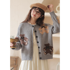 批发不低于99【实拍】小个子学院风小熊提花百搭针织毛衣外套