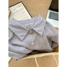 批发实拍韩系复古蓝色<b class='q'>条纹</b>衬衫外套女式宽松慵懒风长袖翻领上衣时尚