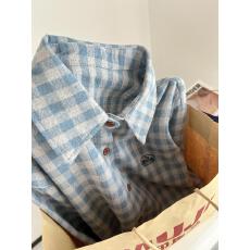 批发实拍软糯磨毛<b class='q'>翻领</b>刺绣松弛感长袖叠穿格子衬衫女春季时尚百搭衬衣