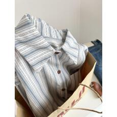 实拍复古慵懒风撞色条纹长袖衬衫女早春新款宽松显瘦气质休闲上衣