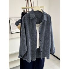 批发韩系chic蓝色<b class='q'>格子</b>Polo领<b class='q'>衬衫女</b>宽松防晒外套夏季长袖休闲