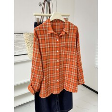 批发美式复古橘色<b class='q'>格子</b>长袖<b class='q'>衬衫女</b>宽松百搭休闲高街新款时尚衬衣外套潮
