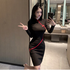 批发新款复古中国风改良拼色收腰包臀气质时尚<b class='q'>旗袍</b><b class='q'>连衣裙</b>