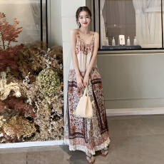 批发波西米亚压褶吊带裙女夏季民族风印花<b class='q'>流苏</b>显瘦度假<b class='q'>连衣裙</b>女